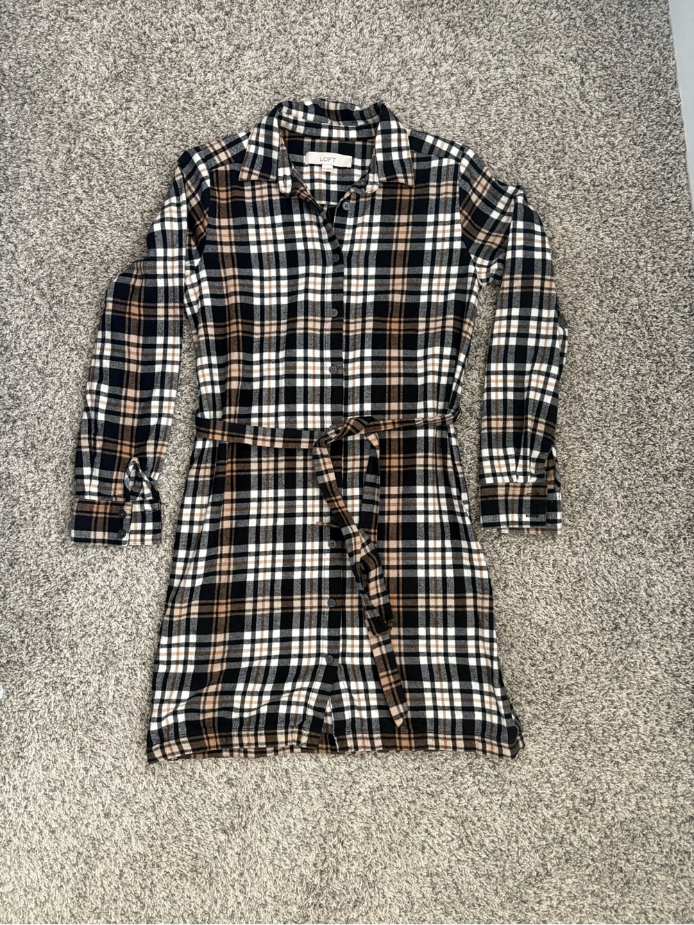 LOFT Plaid Button-Front Shirt Dress in Black, Brown, and White